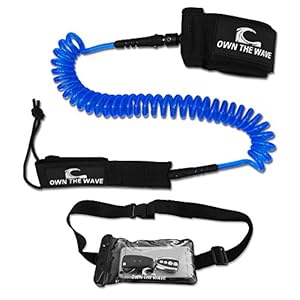 SUP Leash 10' COILED by Own the Wave - Double Stainless Steel Swivels and Triple Rail Saver (Dark Blue)