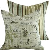 Tropic of Paradise Collection - Tommy Bahama Designer 18" Square Tropical Indoor/outdoor Throw Pillow Cover - Caribbean, Map and Vacation Images - Brown, Ivory and Aqua Mist Hues - 1 Pillow Cover