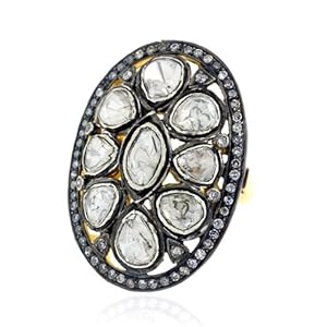 (26x16x7mm).925 Sterling Silver Ring 14k Yellow Gold Ring Rose Cut Diamond Pave Ring Floral Shape Cocktail Style Ring Vintage Jewelry