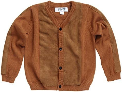 Jamie Big Boys Soft Cotton Acrylic Knit Cardigan Sweater with Suede Panels - Caramel (Size 14)
