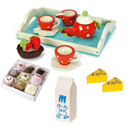 Le Toy Van Honeybake Tea Set Strawberry Design with Haba Soft Petit Fours Set of 9 Desert Toys, Cheese Wedges, and Milk Carton Bundle