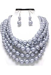 Statement Beaded Layered Strands Gray Grey Pearl Beads Silver Chain Necklace Earrings Set Gift Bijoux