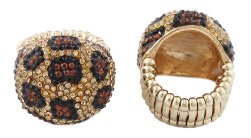 Goldtone with Black & Brown Iced Out Leopard Print Round Stretch Ring