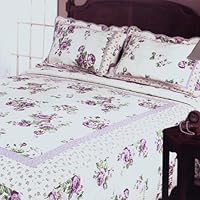 [Rowena] 100% Cotton 3PC Floral Vermicelli-Quilted Patchwork Quilt Set