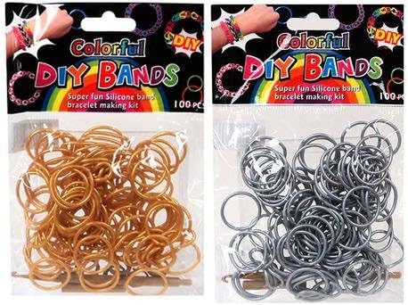 D.I.Y. Do it Yourself Bracelet Bands 200 Metallic Silver & Gold Rubber Loom Bands with Hook Tool & Buckles