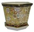 Gold filigree planter with saucer tray - porcelain, Golden Plum Blossom design 8"