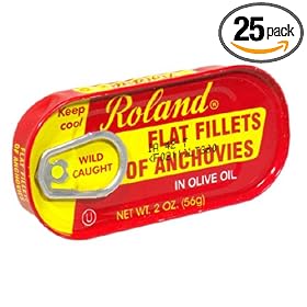 Roland Flat Anchovies in Olive Oil, Salt Added, 2-Ounce Tins (Pack of 25)