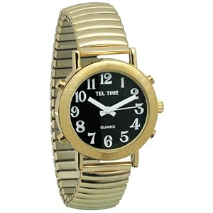 Mens Tel Time Gold Colored Talking Watch with Black Dial Expansion Band