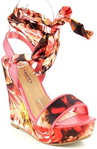 I HEART COLLECTION ALESSA-05 Women's Platform Lace Wedge Sandal One Size Smaller, Color:RED, Size:8