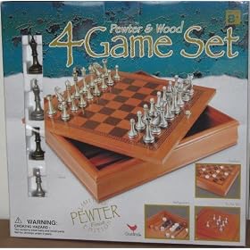 Pewter and Wood 4 Game Set - Checkers, Chess, Backgammon and Tic Tac Toe by