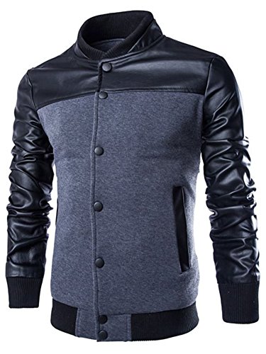 Neleus Men's Stand Collar Leather Sleeves Slim Fit Button Jacket