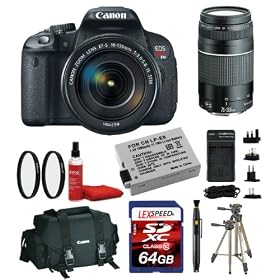 Canon EOS Rebel T4i Digital Camera with EF-S 18-135mm f/3.5-5.6 IS STM Lens + Canon EF 75-300mm f/4-5.6 III Telephoto Zoom Lens + Canon Deluxe Gadget Bag + LexSpeed 64GB Class 10 Memory Card + Spare Battery + UV Filters + Travel Charger + Cleaning Kit + GameDr Lens Cleaner