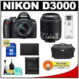 Nikon D3000 10MP Digital SLR Camera with 18-55mm f/3.5-5.6G AF-S DX VR Nikkor Zoom Lens & 55-200mm DX Zoom Lens with 8GB Card + EN-EL9a Battery + Nikon Gadget Bag + Accessory Kit