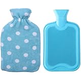 HomeTop Premium Classic Rubber Hot or Cold Water Bottle with Soft Fleece Cover (2 Liters, Blue / Blue Polka Dot)