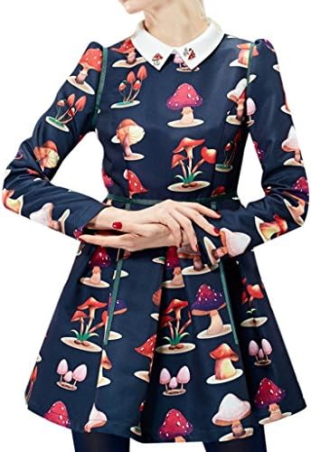 Aloikie Womens Turn Down Collar A-line Mushrooms Print Spring Dress Blue X-Large
