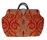 ArtisanStreet's Red  Gold Chenille Carpet Bag with Shoulder Strap. Features Colors from the Red and Gold Families. Gray Motif Adds Accent. Limited Edition. Use as an Overnight Bag or Even as a Briefcase.