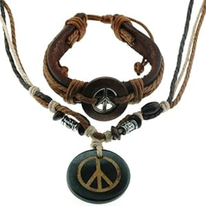 Peace Sign Bracelet and Necklace Set - Adjustable Sizes - 20" 3-tone Necklace with Extender - Dark Tone Bracelet