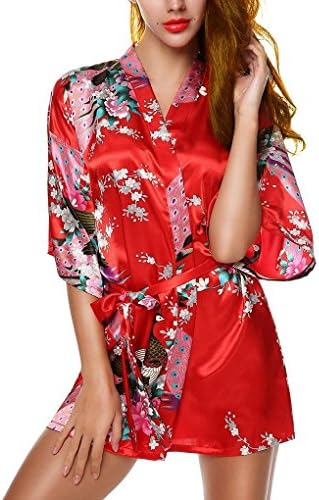 Miimo R001 Women's Kimono Robe Nightgown Short Style - Peacock &amp; Blossoms (XL, Red)