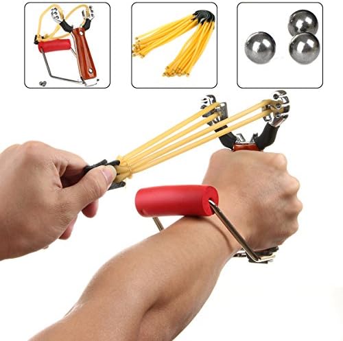 2 in 1 Kit Stainless Steel Outdoor Hunting Slingshot With 6-String Rubber Bands Chilhood Wonderful Memories (Dark Brown)