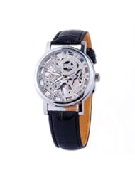 Watch: Mens Mechanical Skeleton Watch Hand Wind Up Silver Dial Black Leather Strap MW-07 - ESS