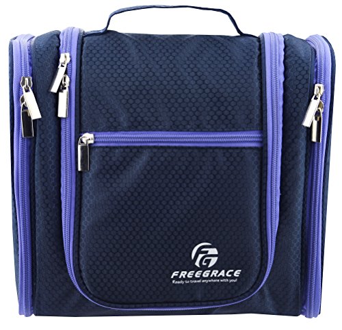 Premium Toiletry Bag By Freegrace - Extra Large Travel Essentials Organizer - Durable Hanging Hook - For Men & Women - Perfect For Accessories, Cosmetics, Personal Items, Shampoo (Dark Blue)