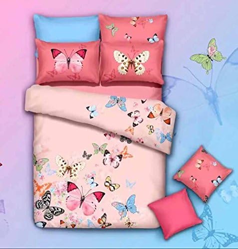 Andreannie ®King Size Bedding Sets Butterflies Fluttering Pink Soft Sanding Brushed for Girls Suitable for Autumn and Winter 100% Cotton Material 4pcs Duvet Cover Bed Sheet Pillowcase Without Comforter