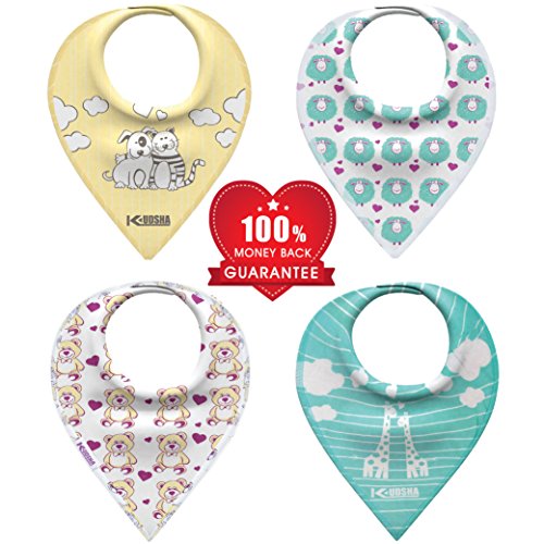 Kudsha Baby Bandana Drool Bibs, with 3 snaps, Perfect for Teething, Spit-up, Dribble, Drool, Unisex 4 Pack Gift Set for Boys and Girls, Absorbent Cotton