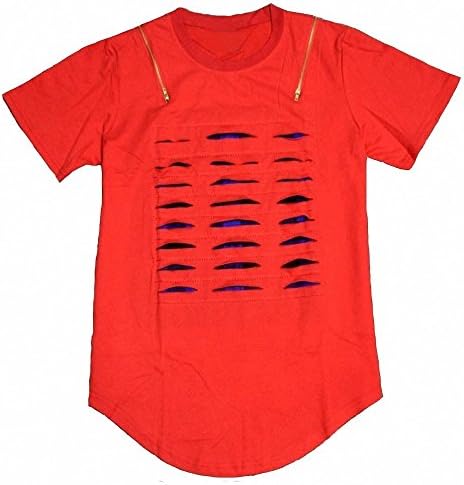 CAUAU47 Men's Red Ripped Hipster Fishtail Metal Zipper T-shirt