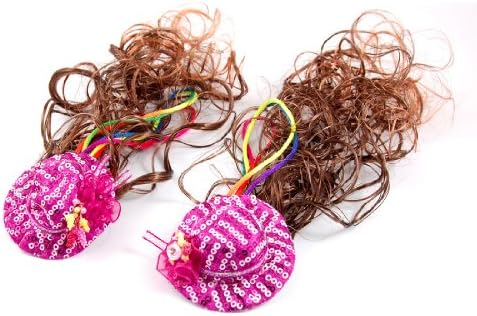 Curly Girls Brown Wig Headwear w Rose Hat Metal Clip Hairpieces 2 Pcs