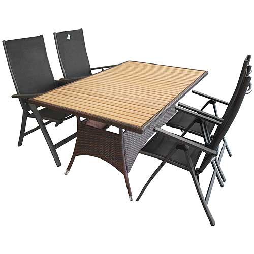 5tlg. Gartengarnitur Alu/Non Wood/Poly Rattan Tisch 150×96cm + Hochlehner