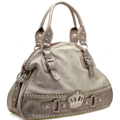Designer Inspired Synthetic Leather Rhinestone Crown Accent Shoulder Bag - Natural