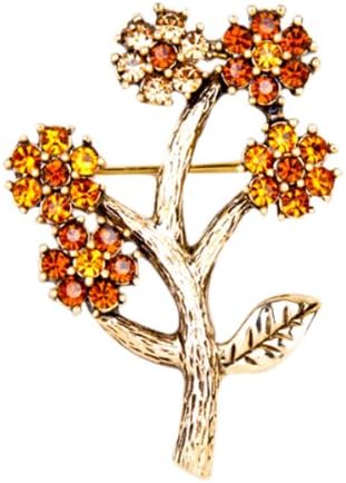 Yellow Gold-Tone Brown Crystals 5 Flower Bouquet Pin Brooch