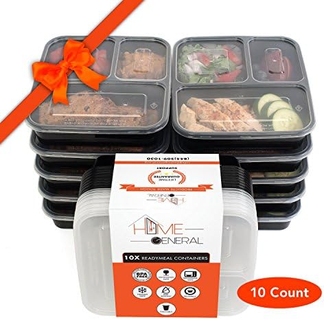 Home General 10x Premium Bento Box 3-Compartment Kitchen Food Storage Reusable Microwave Safe Meal Storage Food Containers Set With Lids. Excellent 3 Meal Food Prep. 100% LIFETIME Money Back Guarantee