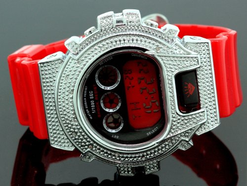 Ice Plus Mens Diamond Shock Style Watch White Case Red Band MG-7