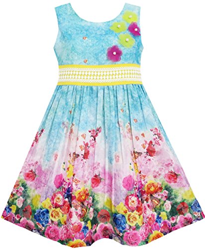 Sunny Fashion Girls Dress Blooming Rose Garden Flower Print Sleeveless Blue