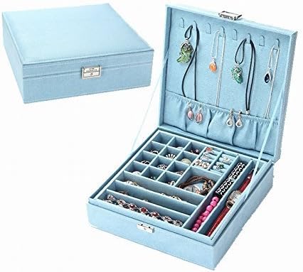 KAYSO Two-Layer Lint Jewelry Box Organizer Display Storage Case, Light Blue