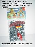 Action Figure Army Men World War II Set - 40 Pieces Including 34 German Soldiers, 2 Flags, 2 Fences, and 2 Sandbags
