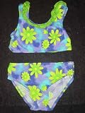 Girls 2 PC Swimsuit Purple Turq Lavender Lime Daisies