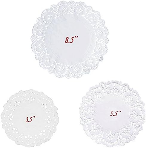 WELLSKEY Paper Doilies Assorted White Pack of 180 pcs (60 Round 3.5" + 60 Round 5.5" + 60 Round 8.5") Set # 76
