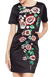 Round Neck Cotton/Polyester Short Sleeves Above the Knee Stretchy Slit Embroidered Tunic/Mini Dress 