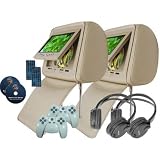 Car 7 Tan Headrest DVD Package - Includes 2 Leather Look Adjustable Headrest DVD Player with Sony Loader and Zippered Covers - Plays DVDs and Games USB and SD Slots Built-in FM and IR Transmitter, 2 Dual Channel Wireless Headphones, 2 Remotes, 2 Game Controllers and 2 Game CDs
