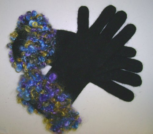 Ga102, Black Angora Gloves Trimmed with Multicolor Mohair Cuff for Women and Teens
