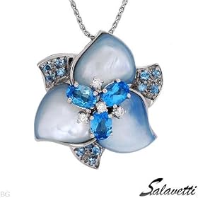 Salavetti! Made in Italy Luxurious Brand New Necklace Pave Hand Set 2.01ctw Clean VS Diamonds, Mother of Pearland and Topaz Made of 18K White Gold