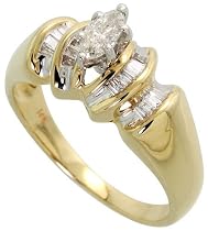 14k Gold Solitaire Ring, w/ 0.22 Carat Marquise Cut & 0.15 Carat Baguette Diamonds, 5/16" (8mm) wide