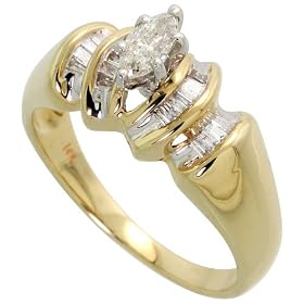 14k Gold Solitaire Ring 5/16" (8mm) wide, w/ 0.22 Carat Marquise Cut & 0.15 Carat Baguette Diamonds
