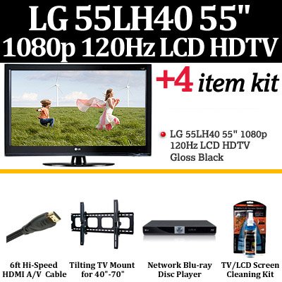Brand New LG 55LH40 55 1080p LCD HDTV - Gloss Black With Blu Ray Accessory Kit Includes LG BD370 Blu Ray DVD Player + 2 Pack Of HDMI Cables + Tilting TV Wall Mount + LCD Screen Cleaner