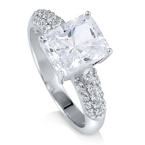 Sterling Silver Radiant Cubic Zirconia Solitaire Ring w/ Side Stones - Women's Engagement Wedding Ring