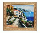 Art Reproduction Oil Painting - Mediterranean Scenes: Harmony Cove with Elegant Wood Frame - Gold Finish - 26 X 30 - Hand Painted Framed Canvas Art