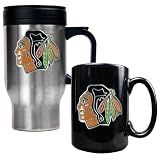 NHL Chicago Blackhawks Stainless Steel Travel Mug and Black Ceramic Mug Set (Primary Logo)