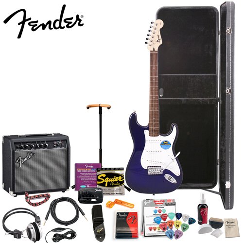 Fender Squier Affinity Special Metallic Blue Strat Stop Dreaming Start Playing Set with Essential Upgrade Pack - Includes Fender GO-DPS 12 Pack Pick Sampler Squier Strings Fender String Winder Ultra Stand Dunlop Capo Fender Guitar Slide Fender Polishing K